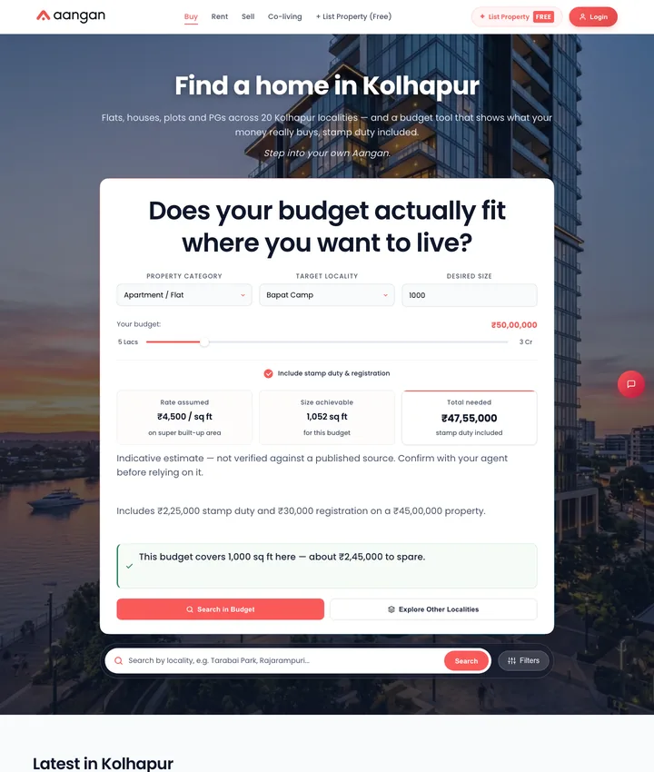 Home page of Aangan Properties (aanganproperties.in), screenshot of the live site